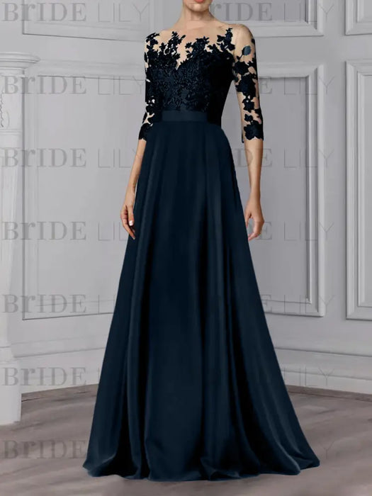 Dark Navy illusion lace bodice chiffon mother of the bride a-line dress