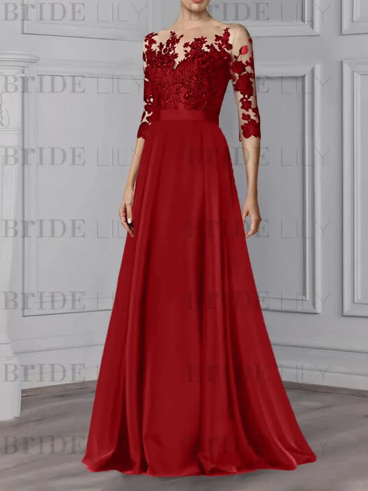 Dark Red illusion lace bodice chiffon mother of the bride a-line dress