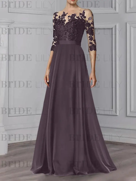 Illusion lace bodice chiffon A-line mother of the bride dress in dusty plum