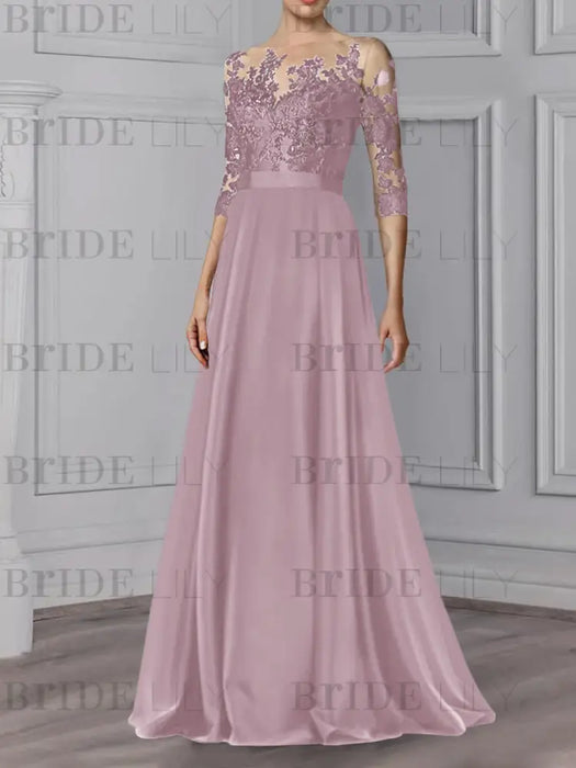 Dusty Rose illusion lace bodice chiffon mother of the bride a-line dress