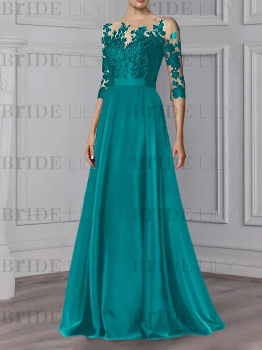 Emerald Green illusion lace bodice chiffon mother of the bride a-line dress
