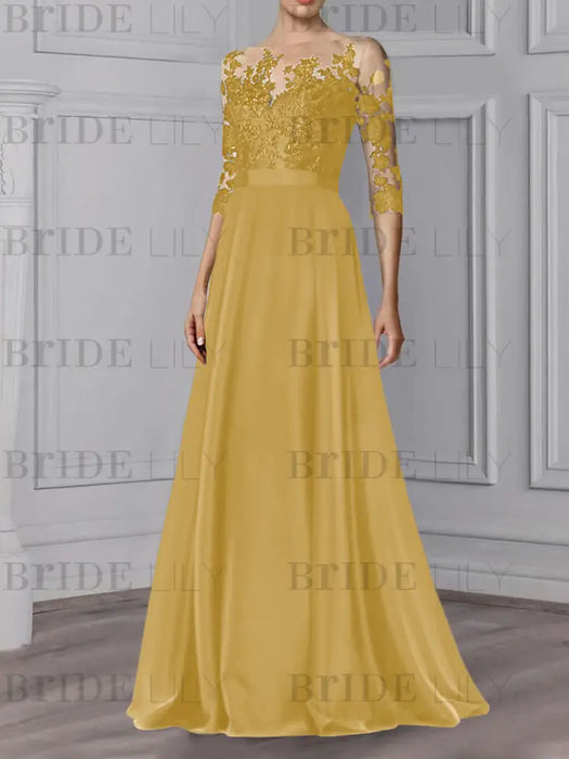 Gold illusion lace bodice chiffon mother of the bride a-line dress