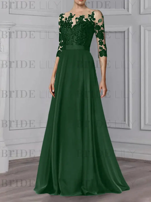 Green Black illusion lace bodice chiffon mother of the bride a-line dress