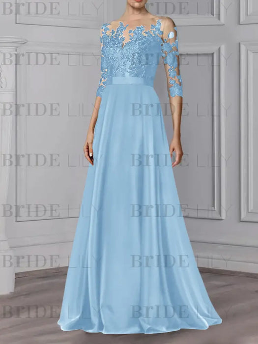 Light Blue illusion lace bodice chiffon mother of the bride a-line dress