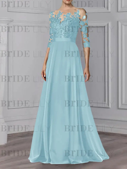 Mist Blue illusion lace bodice chiffon mother of the bride a-line dress