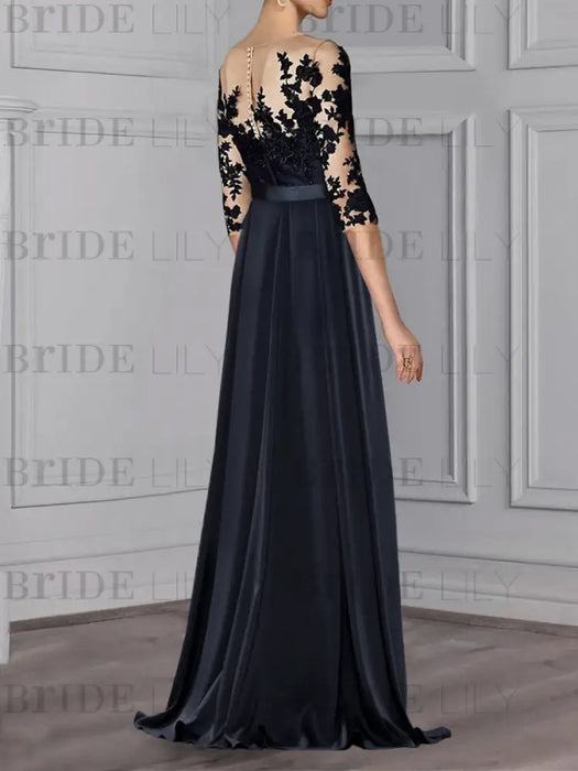 Back view of the illusion lace chiffon A-line gown in navy