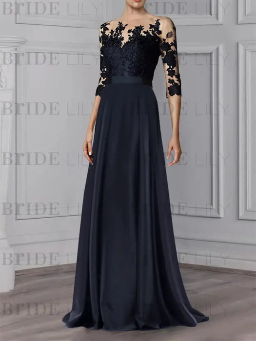 Illusion lace bodice chiffon A-line evening gown in navy
