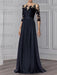 Illusion lace bodice chiffon A-line evening gown in navy
