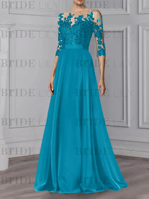 Ocean Blue illusion lace bodice chiffon mother of the bride a-line dress