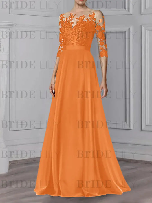Orange illusion lace bodice chiffon mother of the bride a-line dress
