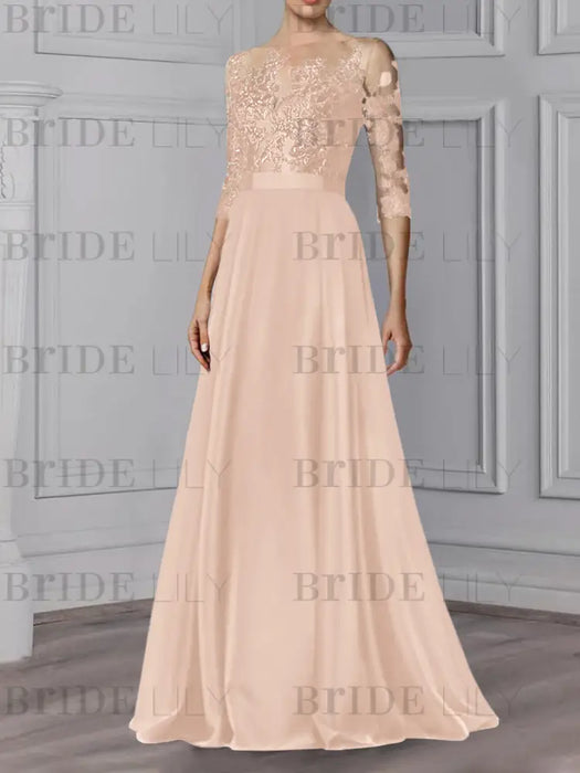 Pearl Pink illusion lace bodice chiffon mother of the bride a-line dress