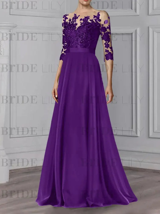 Plum illusion lace bodice chiffon mother of the bride a-line dress
