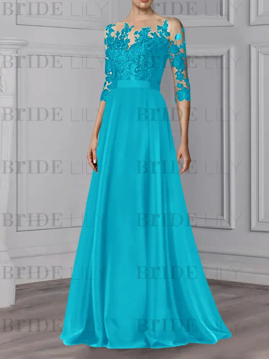 Pool illusion lace bodice chiffon mother of the bride a-line dress