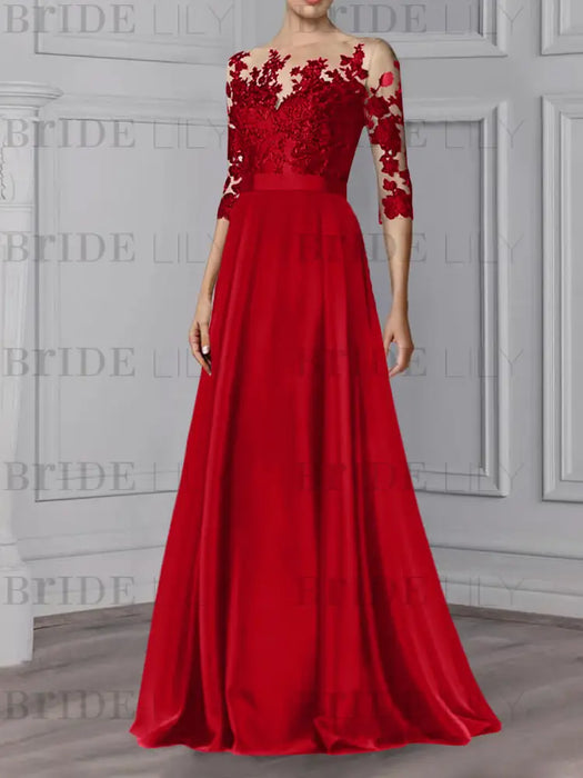 Red illusion lace bodice chiffon mother of the bride a-line dress