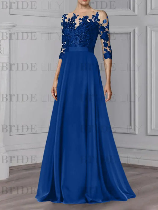 Royal Blue illusion lace bodice chiffon mother of the bride a-line dress