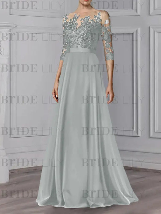Silver illusion lace bodice chiffon mother of the bride a-line dress