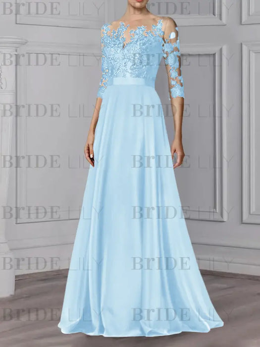 Sky Blue illusion lace bodice chiffon mother of the bride a-line dress