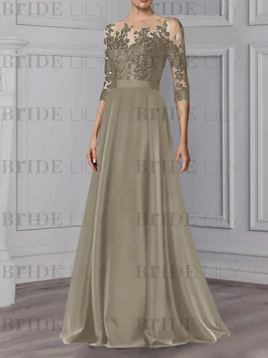Taupe illusion lace bodice chiffon mother of the bride a-line dress