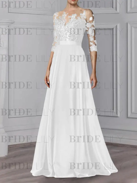 Illusion lace bodice chiffon A-line gown in white