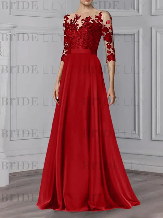Wine Red illusion lace bodice chiffon mother of the bride a-line dress