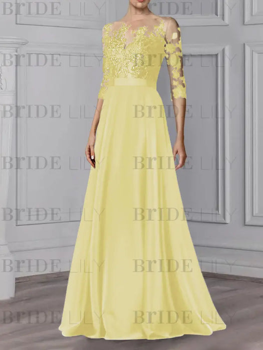 Yellow illusion lace bodice chiffon mother of the bride a-line dress