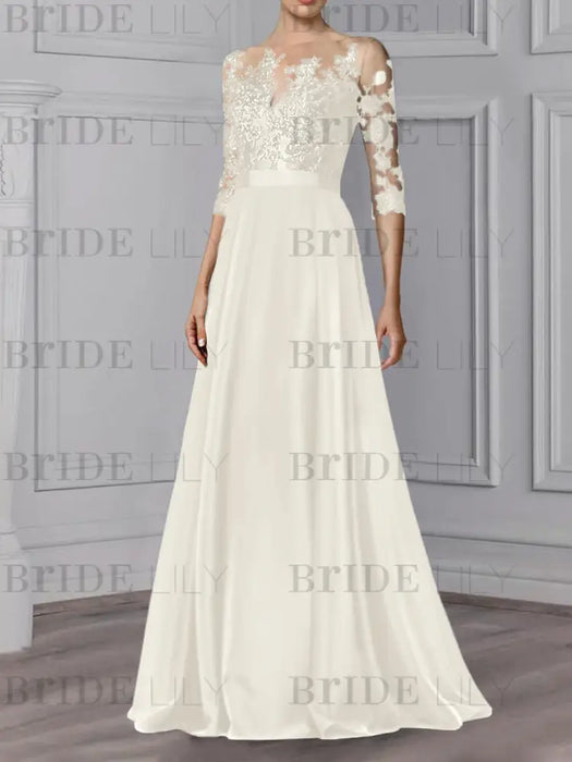 Illusion lace chiffon A-line wedding guest gown in ivory