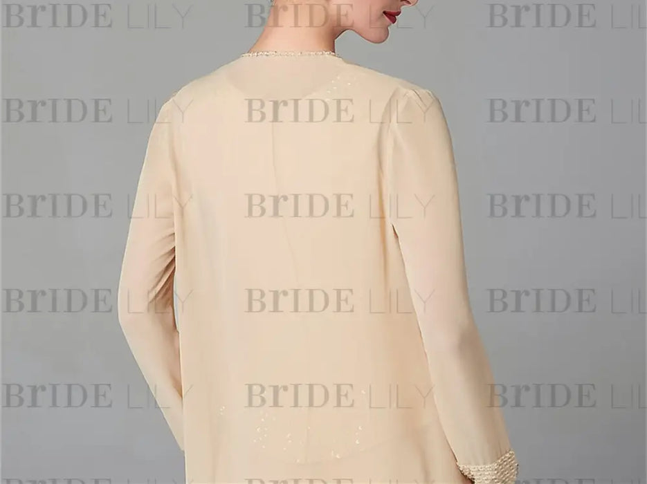 Long-Sleeve Chiffon Mother of the Bride Pantsuit with Jacket and Sequins
