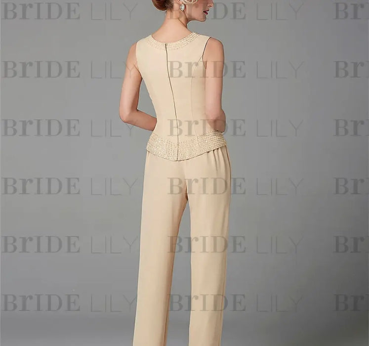 Long-Sleeve Chiffon Mother of the Bride Pantsuit with Jacket and Sequins