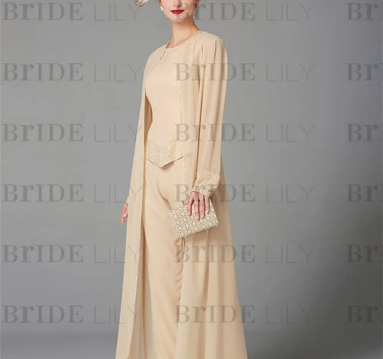 Long-Sleeve Chiffon Mother of the Bride Pantsuit with Jacket and Sequins