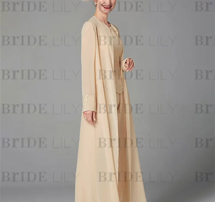 Long-Sleeve Chiffon Mother of the Bride Pantsuit with Jacket and Sequins