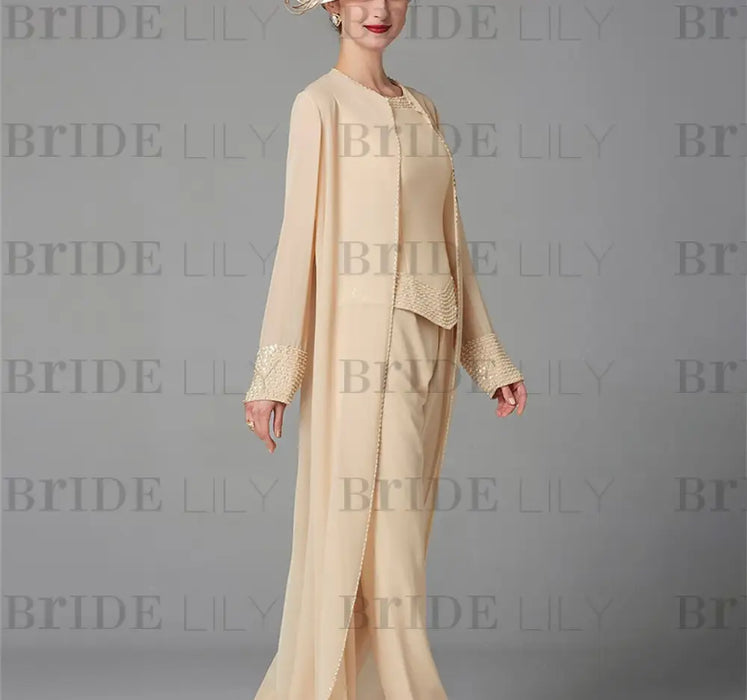 Long-Sleeve Chiffon Mother of the Bride Pantsuit with Jacket and Sequins