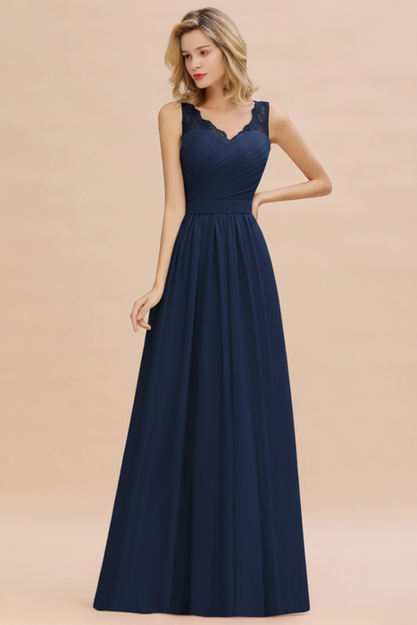 Ink Blue Modest Floral Lace A-line Bridesmaid Dress V-Neck Floor Length Chiffon Wedding Guest Dress 