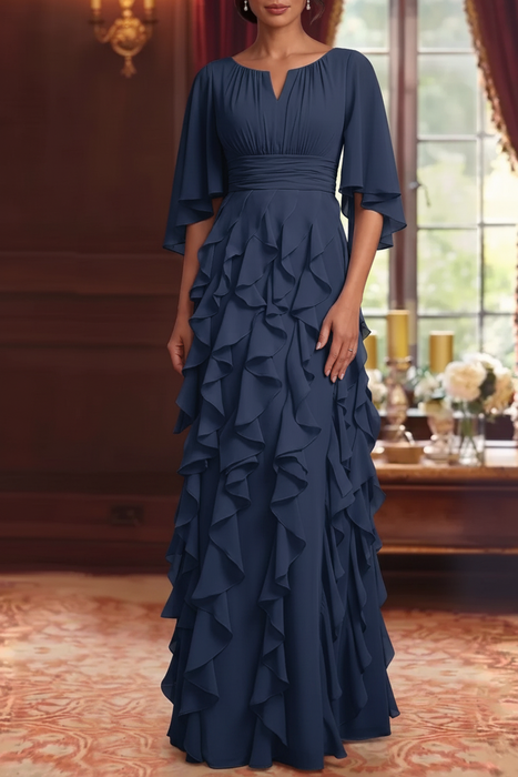 Ink Blue Chiffon Mother of the Bride Dress Flutter Sleeves with Cascading Ruffles