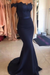 Ink Blue Mermaid Long Dress lace Off the Shoulder with Sash Prom Gowns - Prom Dresses