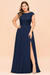 Ink Blue Plus Size Bridesmaid Dress Lace with Split Cap Sleeves Chiffon Wedding Guest Dress