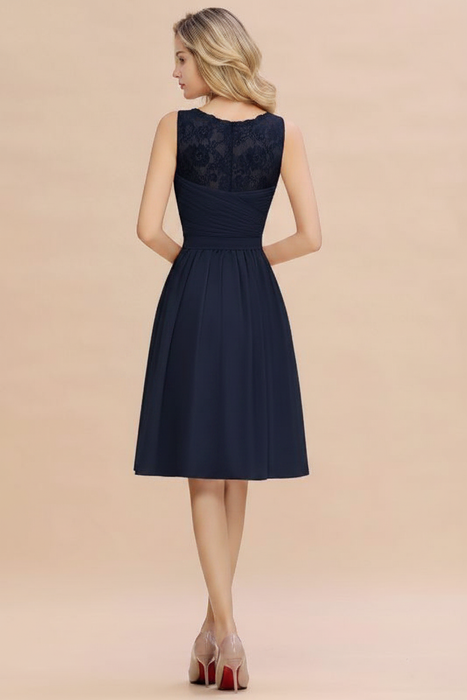 Ink Blue Ruffle Chiffon Short Bridesmaid Dress Sleeveless V-Neck Aline Knee Length Homecoming Dress - Prom Dresses