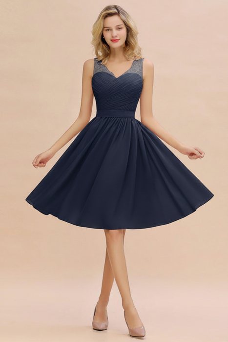 Ink Blue Ruffle Chiffon Short Bridesmaid Dress Sleeveless V-Neck Aline Knee Length Homecoming Dress - Prom Dresses