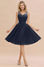 Ink Blue Ruffle Chiffon Short Bridesmaid Dress Sleeveless V-Neck Aline Knee Length Homecoming Dress - Prom Dresses