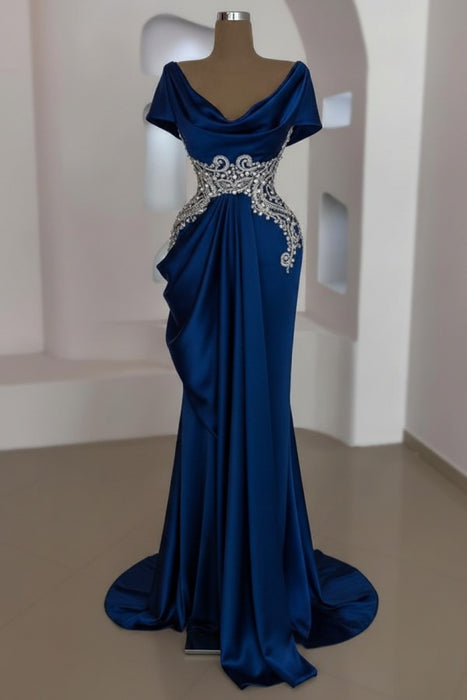 Ink Blue Scoop Neck Ruffles Satin Prom Dress Mermaid Sleeveless Evening Dress with Beads