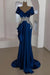 Ink Blue Scoop Neck Ruffles Satin Prom Dress Mermaid Sleeveless Evening Dress with Beads