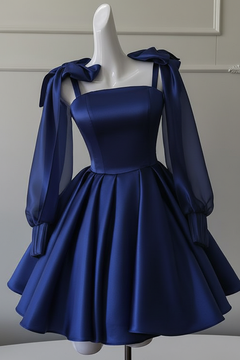 Ink Blue Sexy Satin Aline Homecoming Dress Short Prom Dress with Straps