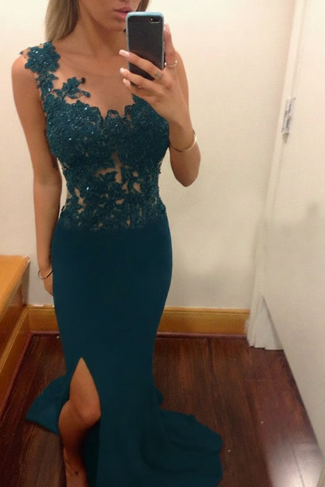 Ink Blue Sheath/Column Scoop Sleeveless Applique Chiffon Dresses - Prom Dresses
