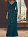 V-Neck 3/4 Sleeve Floor-Length Sequined Mother of the Bride Sheath Dress