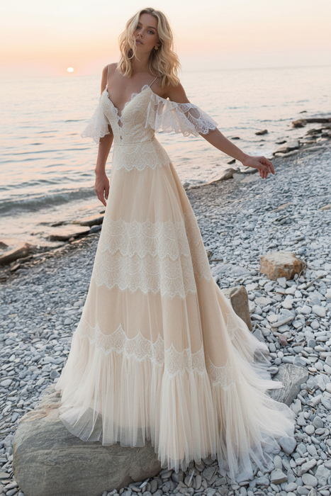 Ivory boho wedding dresses a line deep v neck straps lace short sleeve