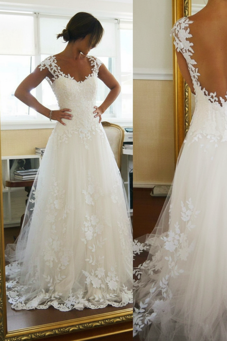 Ivory A-Line Lace Straps Pretty Sleeveless Wedding Dress - Wedding Dresses