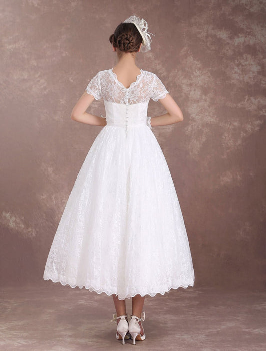 Lace Wedding Dresses Short Sleeve 1950's Vintage Bridal Dress Sweetheart Illusion Ivory A Line Tea Length Wedding Reception Dress misshow