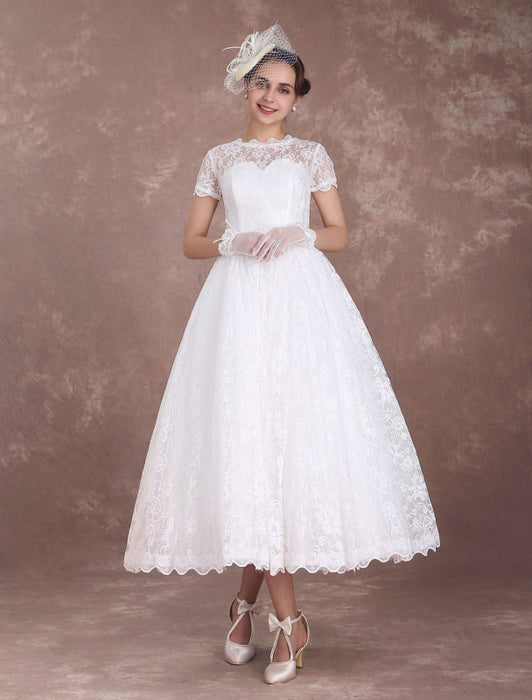 Lace Wedding Dresses Short Sleeve 1950's Vintage Bridal Dress Sweetheart Illusion Ivory A Line Tea Length Wedding Reception Dress misshow