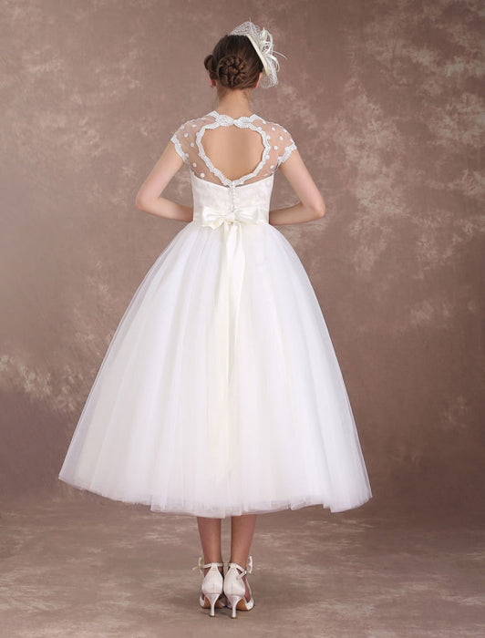 Short Wedding Dresses Vintage 1950's Bridal Dress Open Back Polka Dot Ivory A Line Tea Length Wedding Reception Dress misshow