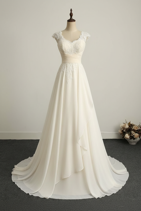 Ivory Appliques V-Neck Lace-Up Chiffon Wedding Dresses - wedding dresses