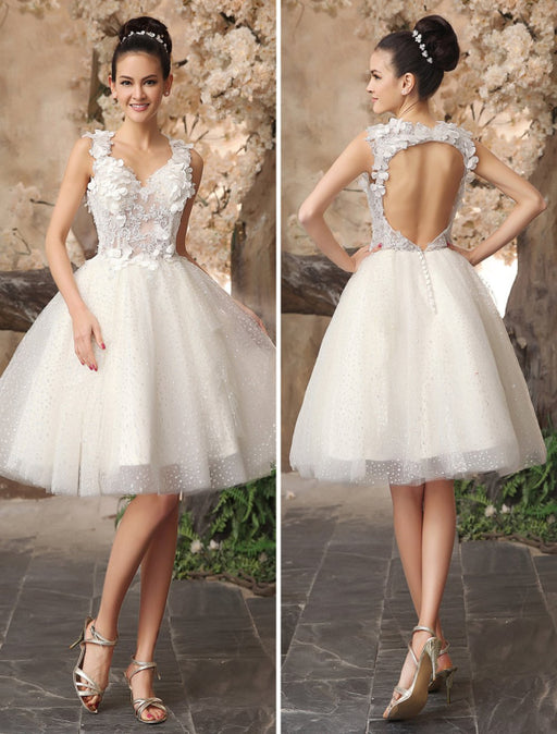 Ivory Backless Lace Applique Tulle Sequins Wedding Dress  misshow